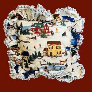 Vintage Pillow Winter Scene Christmas Ruffled Border 20” x 20” Handmade by Diane